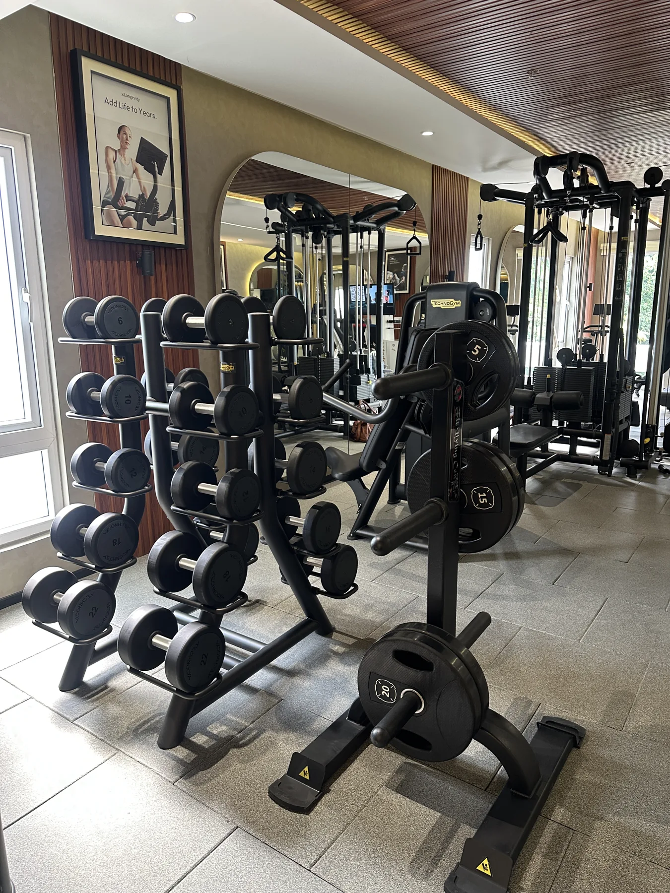 Free weights and strength equipment on the gym floor